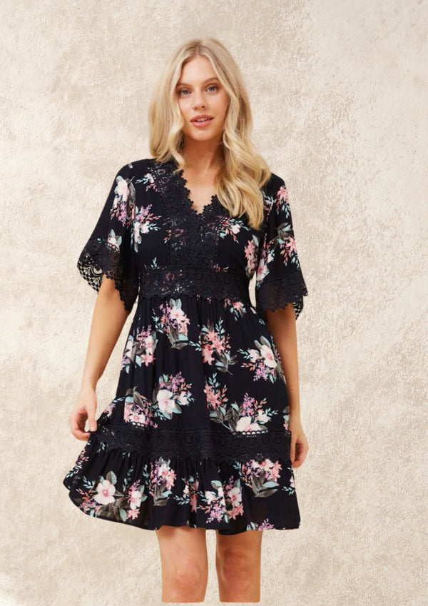 Ella Short Sleeve Dress in Navy Floral