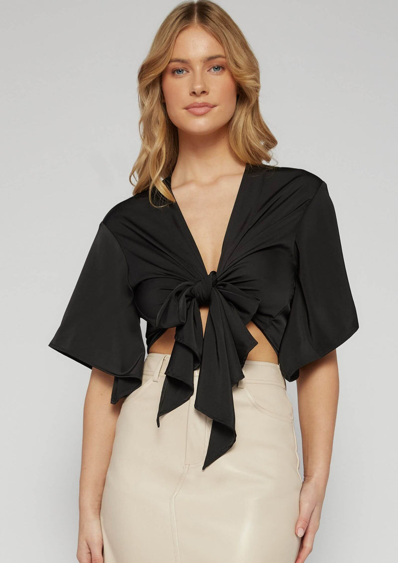 Ama Tie Front Kimono Sleeve Top Blouse in Black