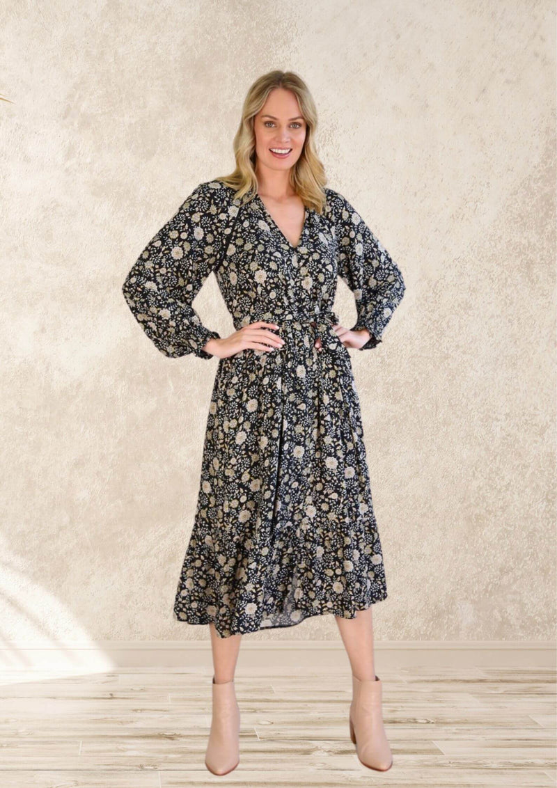 Anna Long Sleeve Midi Dress in Black Print