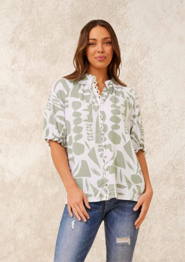 Annette Short Sleeve Blouse Top in Sage and White