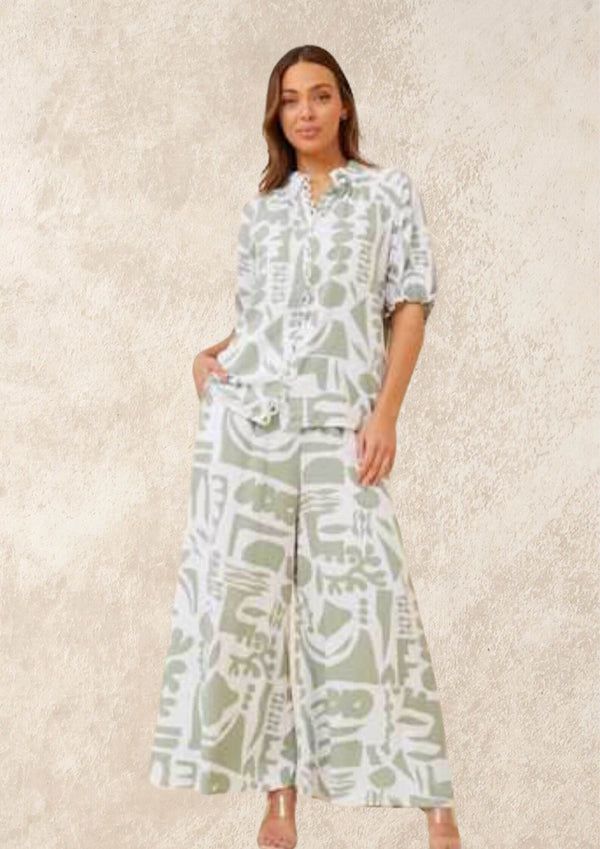 Annette Wide Leg Pants in Sage and White