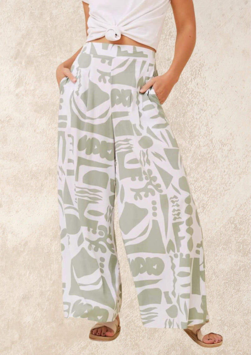 Annette Wide Leg Pants in Sage and White