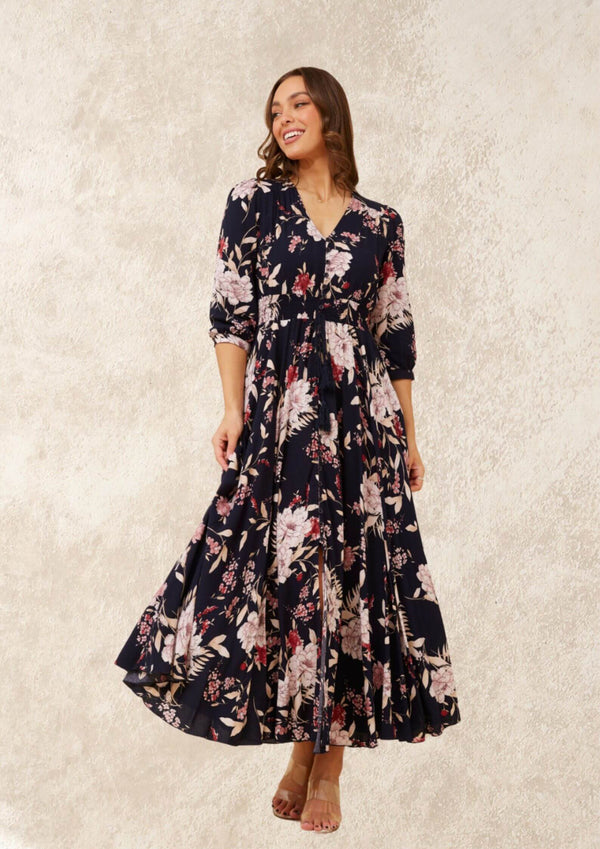 Annika Half Sleeve Maxi Dress in Navy Print