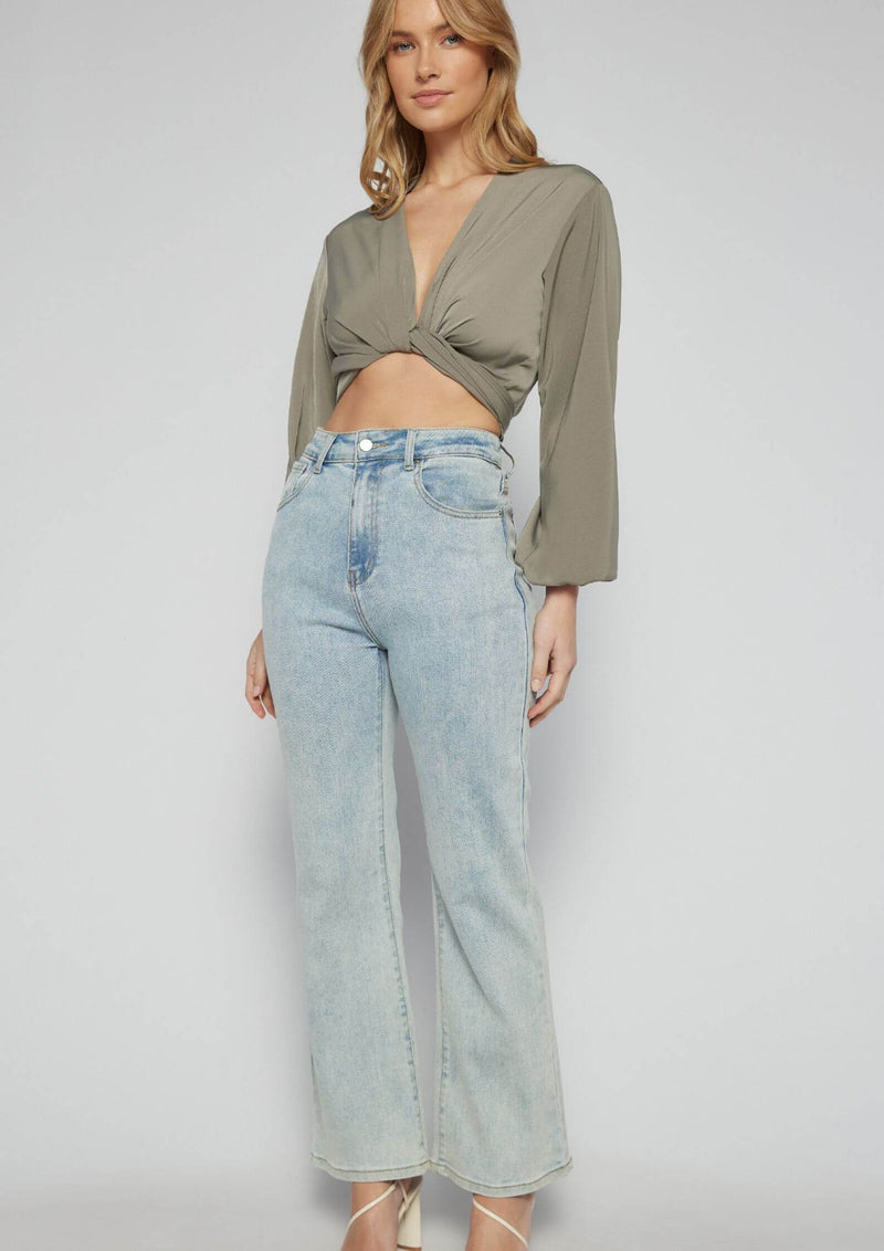 Anya 3 Way Tie Front Long Sleeve Top in Sage