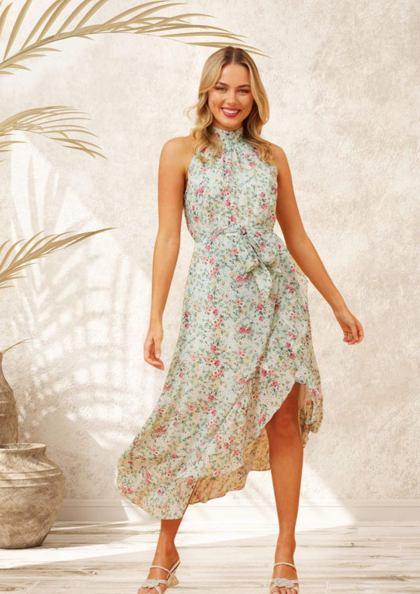 Ava Midi Party Dress in Mint Floral Print