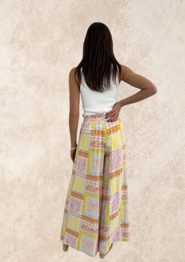 Canary Wide Leg Pants in Lemon Block Print