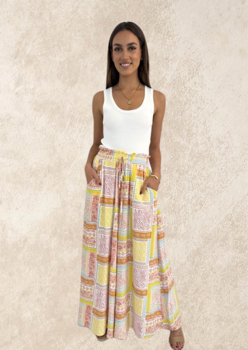 Canary Wide Leg Pants in Lemon Block Print