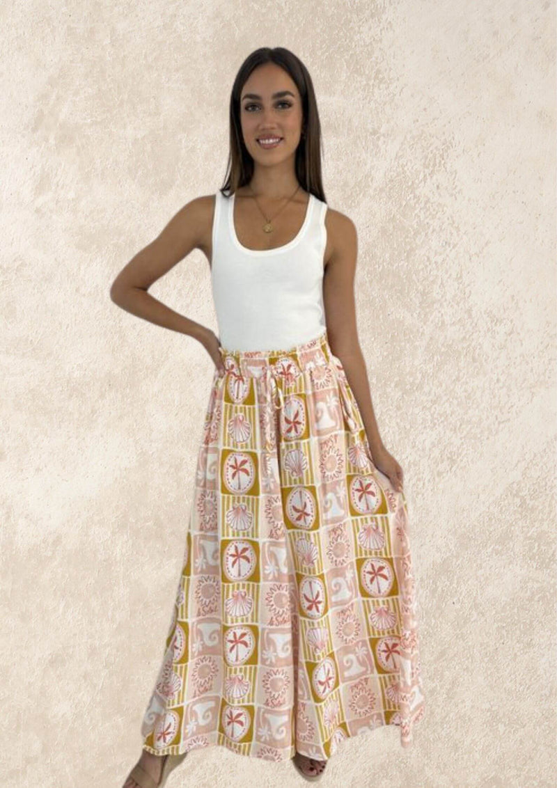 Canary Wide Leg Pants in Peach Block Print