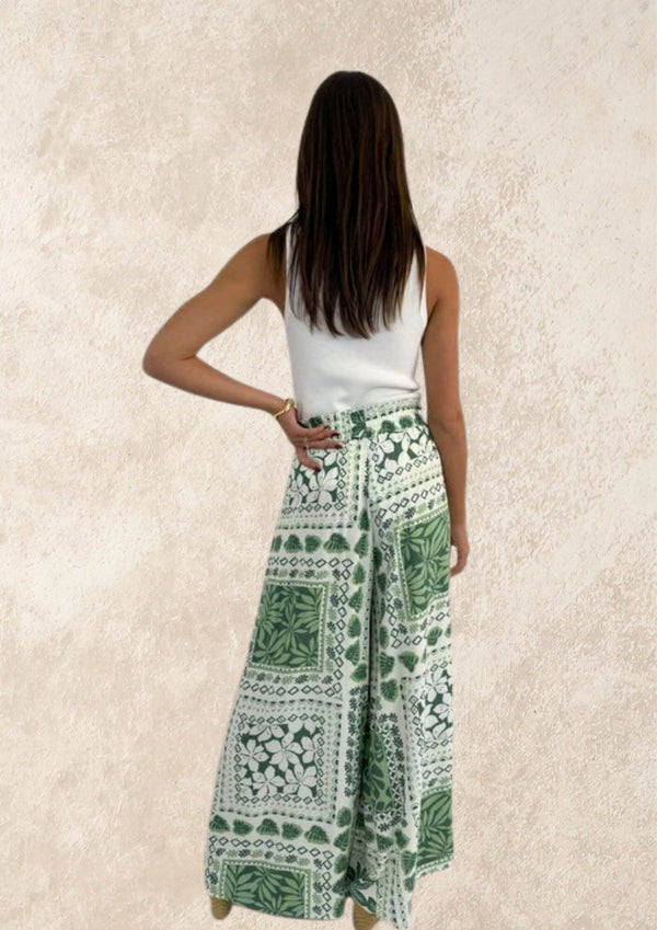 Canary Wide Leg Pants in Sage Block Print