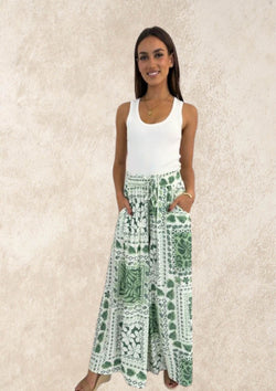 Canary Wide Leg Pants in Sage Block Print