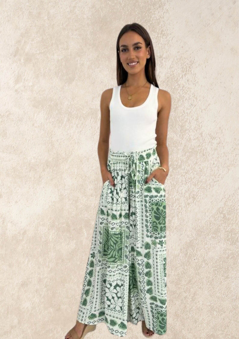 Canary Wide Leg Pants in Sage Block Print