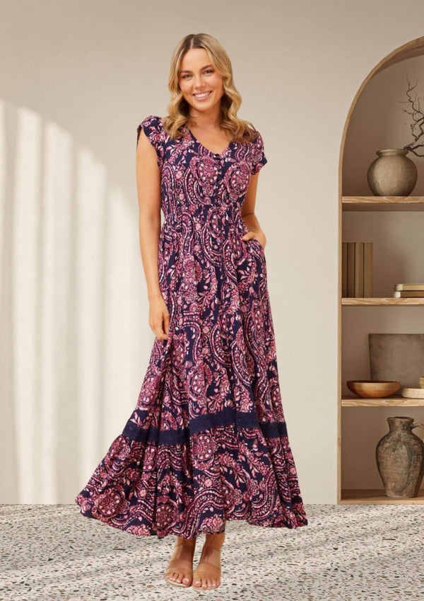 Carrie Short Sleeve Boho Maxi Dress in Amethyst