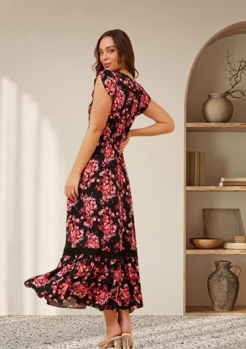 Carrie Short Sleeve Boho Maxi Dress in Black and Fuchsia