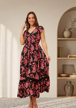 Carrie Short Sleeve Boho Maxi Dress in Black and Fuchsia