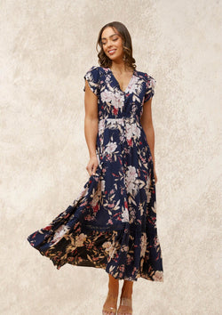 Carrie Short Sleeve Boho Maxi Dress in Navy Pink Print