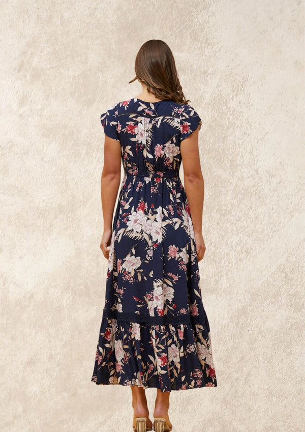 Carrie Short Sleeve Boho Maxi Dress in Navy Pink Print