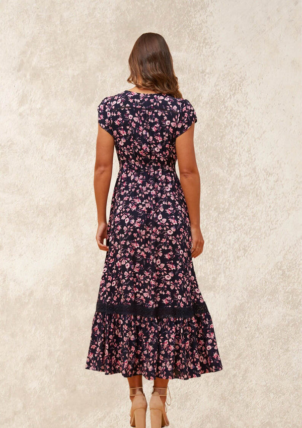 Carrie Short Sleeve Boho Maxi Dress in Navy Pink Print