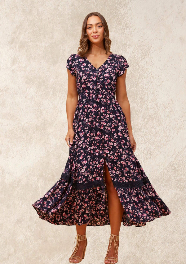 Carrie Short Sleeve Boho Maxi Dress in Navy Pink Print