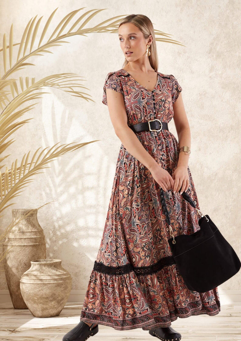 Carrie Short Sleeve Boho Maxi Dress in Paisley Print