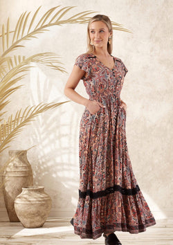 Carrie Short Sleeve Boho Maxi Dress in Paisley Print