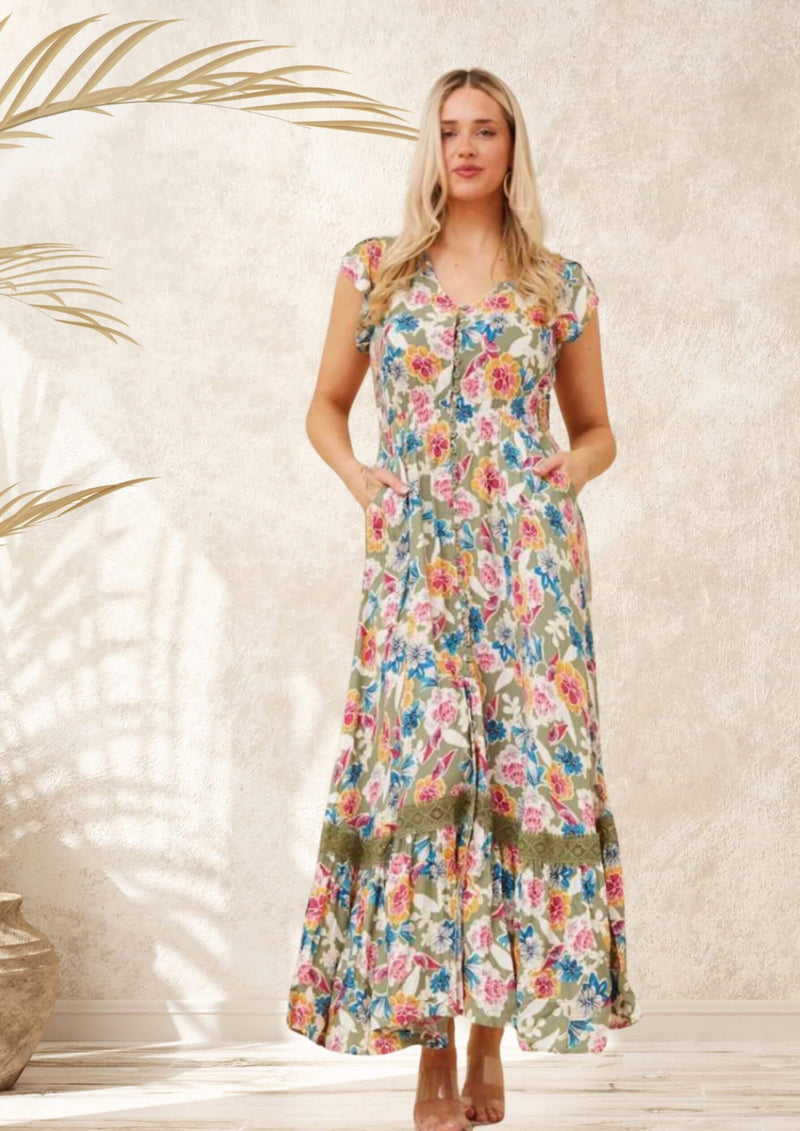 Carrie Short Sleeve Boho Maxi Dress in Sage Floral