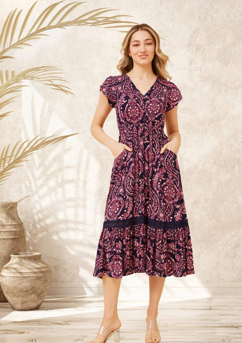 Carrie Short Sleeve Boho Midi Dress in Amethyst