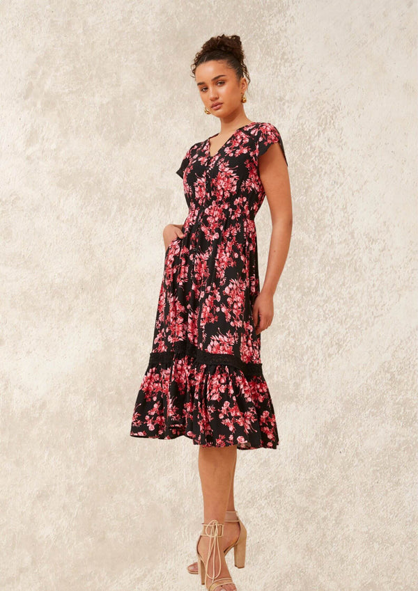 Carrie Short Sleeve Boho Midi Dress in Black and Fuchsia