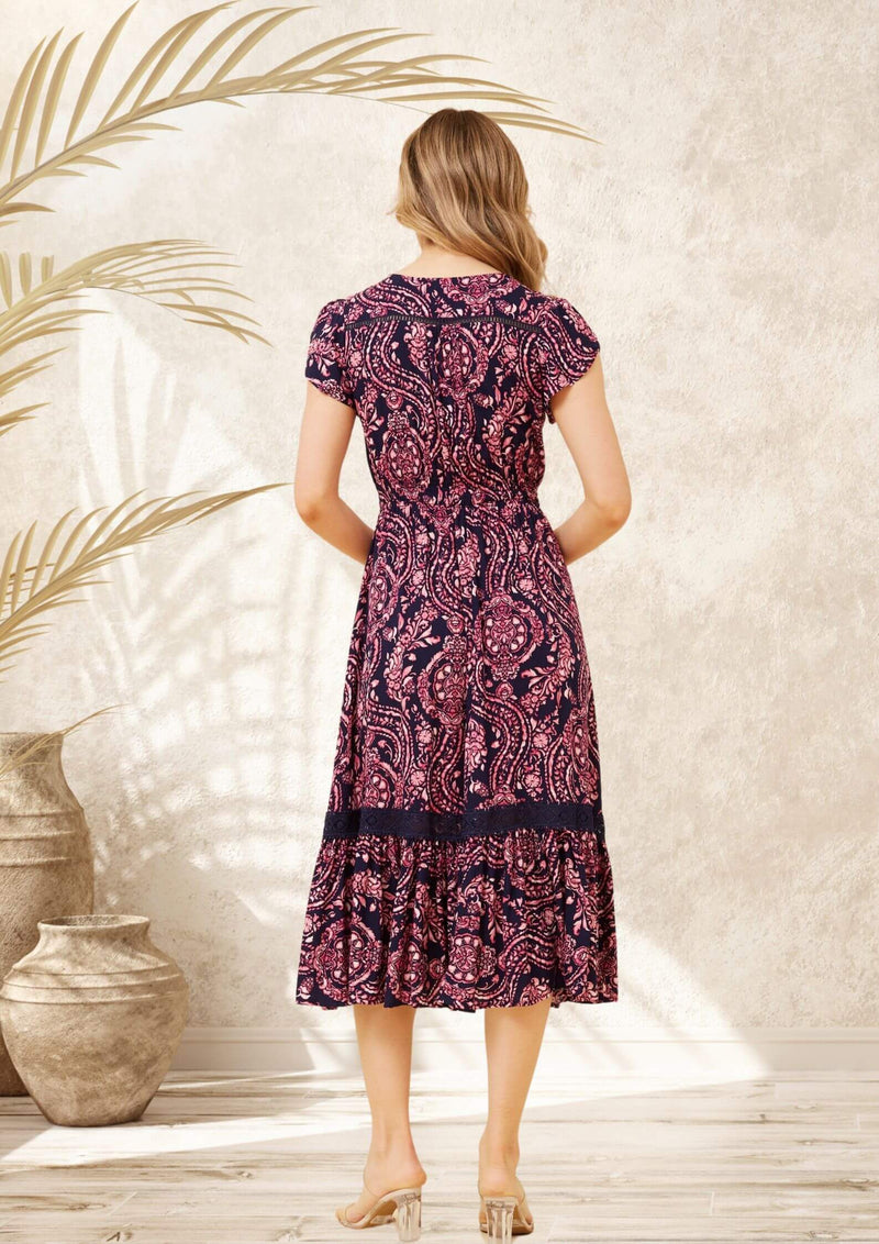 Carrie Short Sleeve Boho Midi Dress in Amethyst