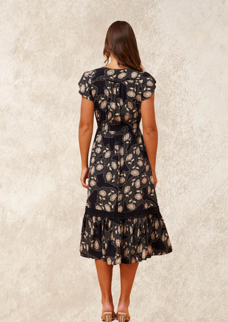 Carrie Short Sleeve Boho Midi Dress in Navy Print