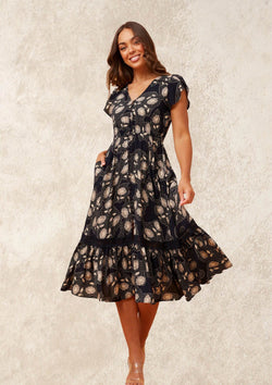 Carrie Short Sleeve Boho Midi Dress in Navy Print