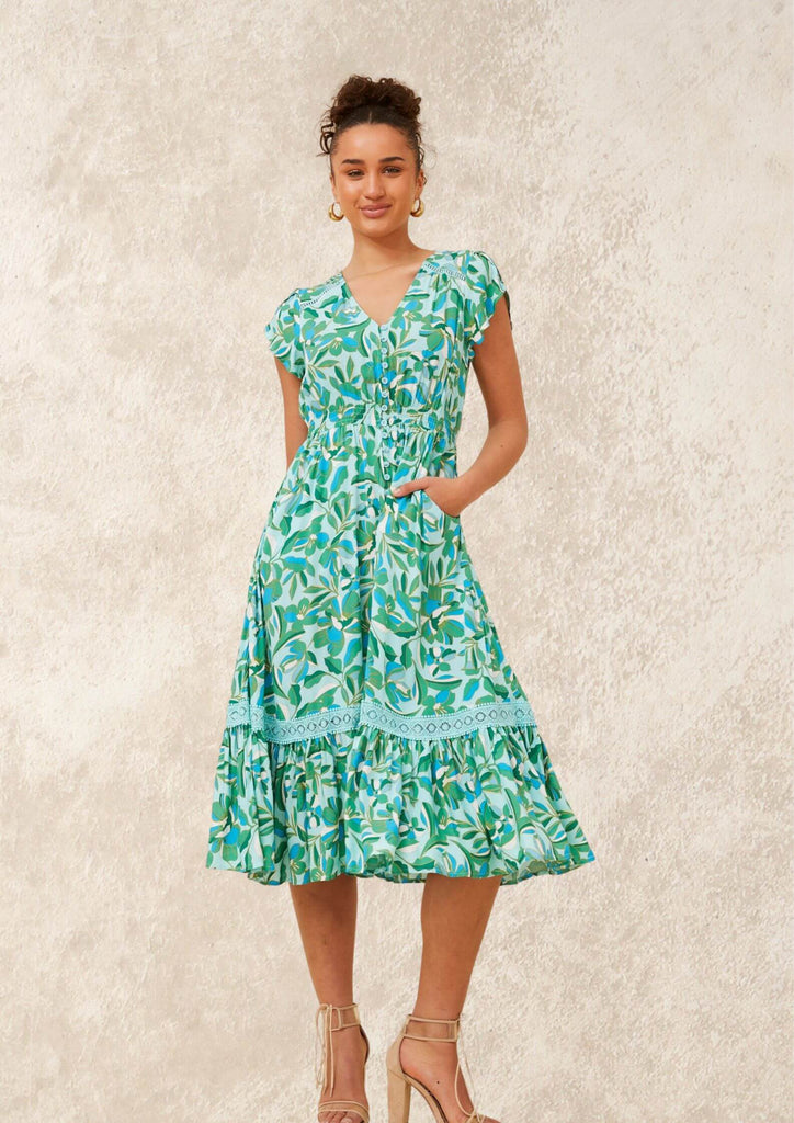 Carrie Short Sleeve Boho Midi Dress in Sage Print Frangipani Living