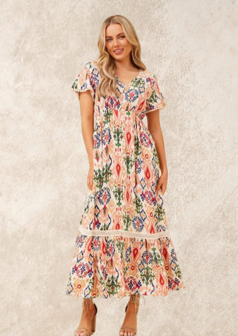 Corrine Boho Maxi Dress in Peach Ikat Print