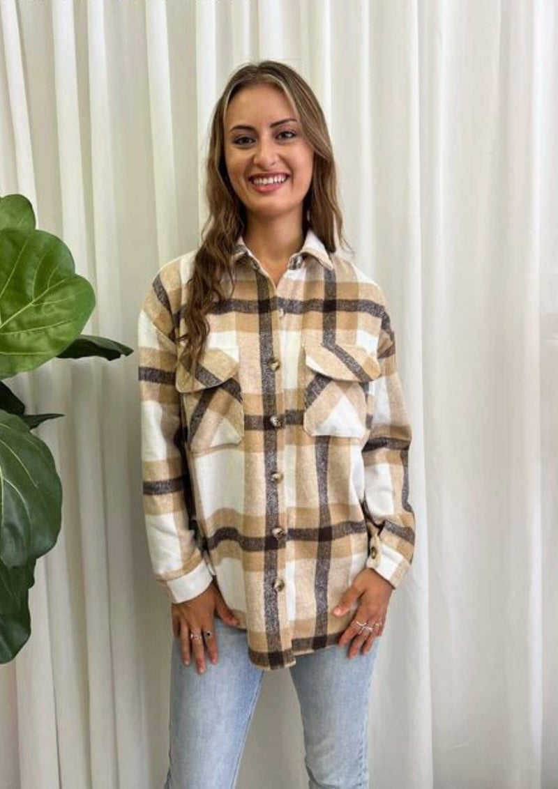 Cosy Plaid Shacket Shirt Jacket in Tan and White