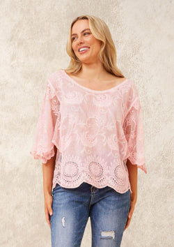 Delta Batwing Sleeve Cotton Lace Top Blouse in Pink