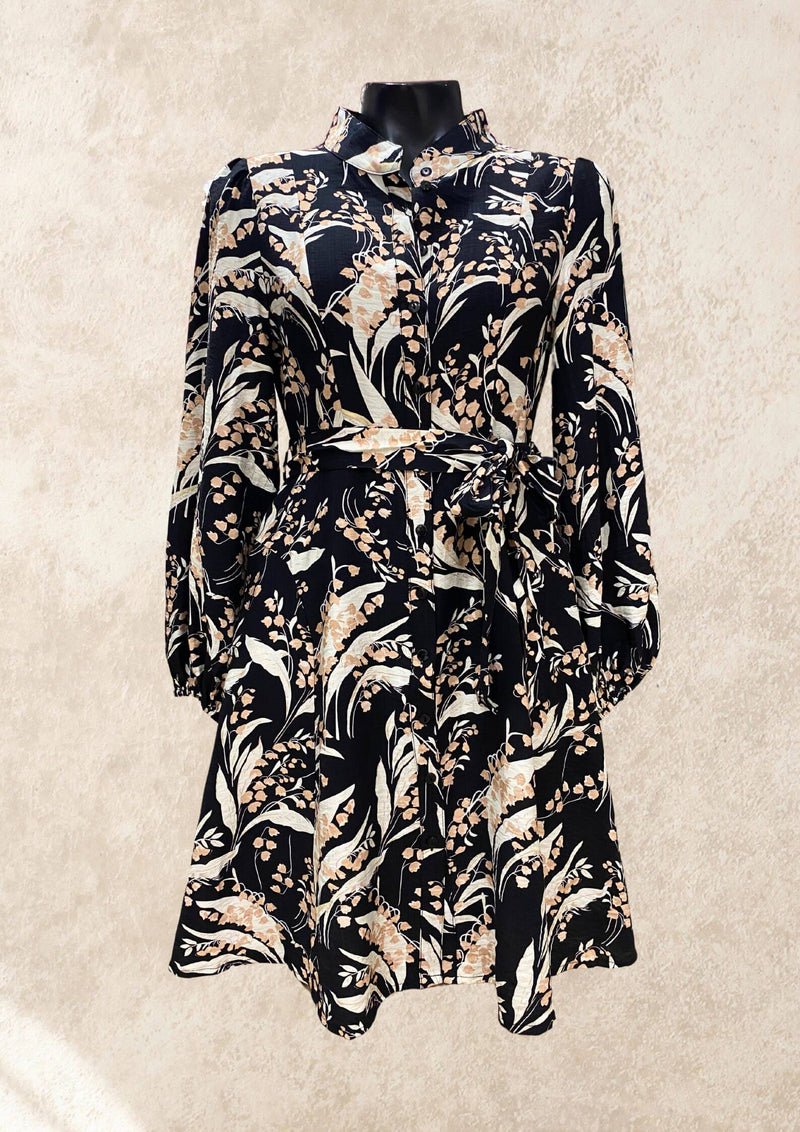 Deni Long Sleeve Dress in Black and Cream Print