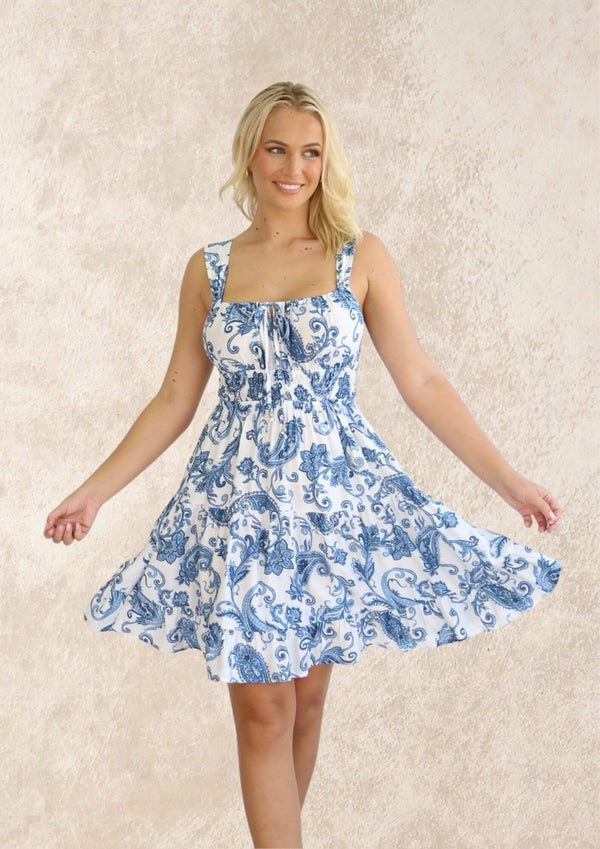 Ebony Adjustable Strap Dress in Wedgewood Blues