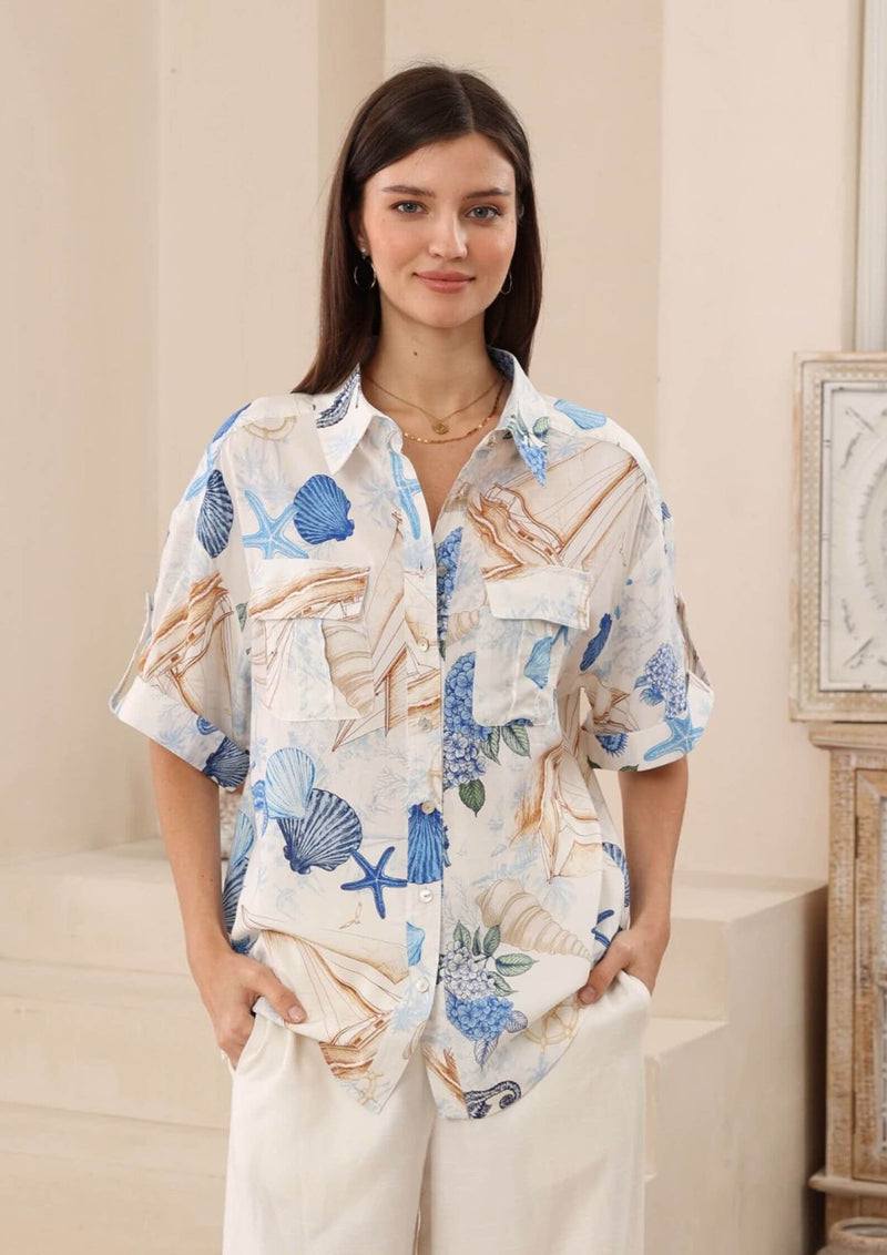 Emery Short Sleeve Blouse Top In Nautical Print