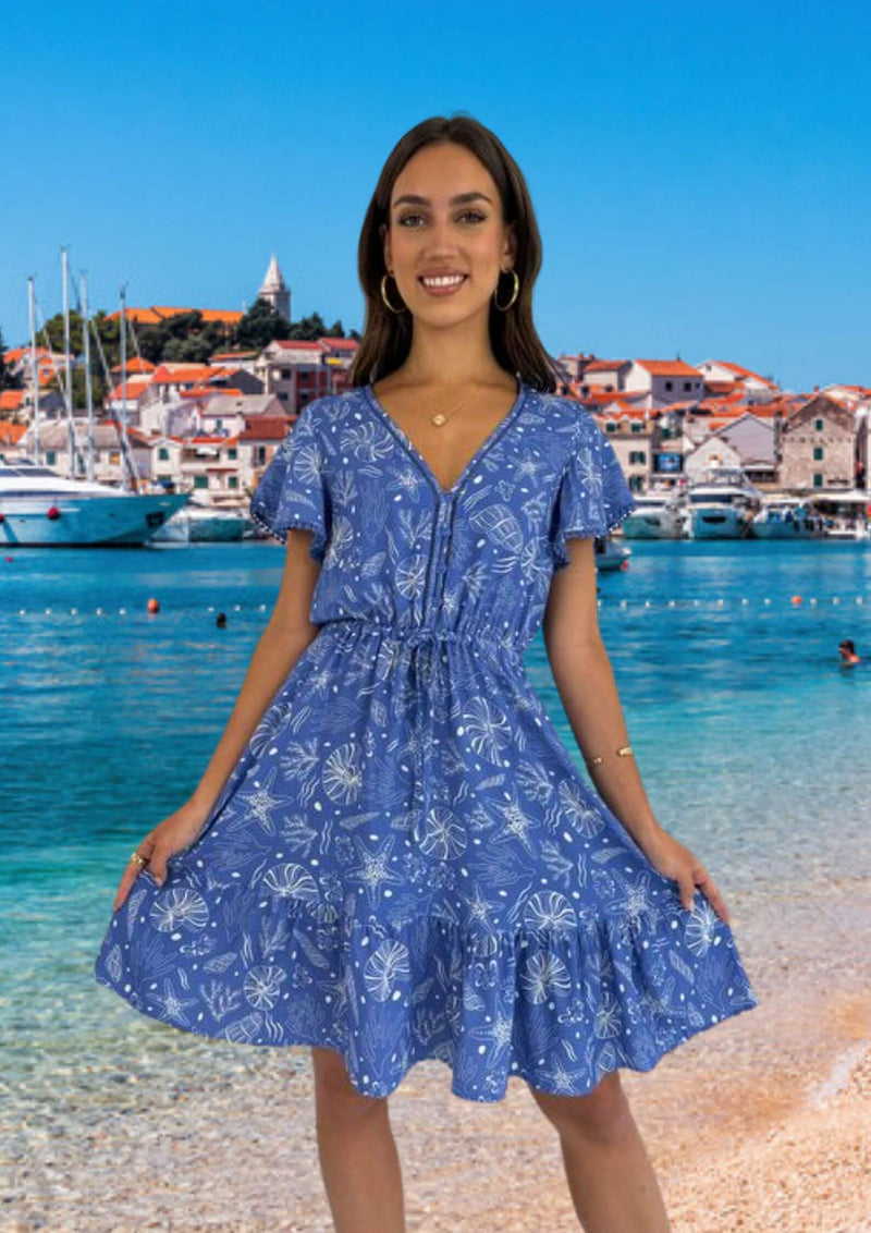 Gabriella Flutter Sleeve Short Dress in Blue Shells Print