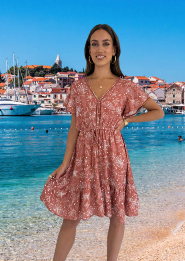 Gabriella Flutter Sleeve Short Dress in Rose Shells Print