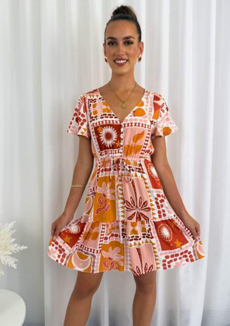 Gabrielle Flutter Sleeve Short Dress in Peach Block Print