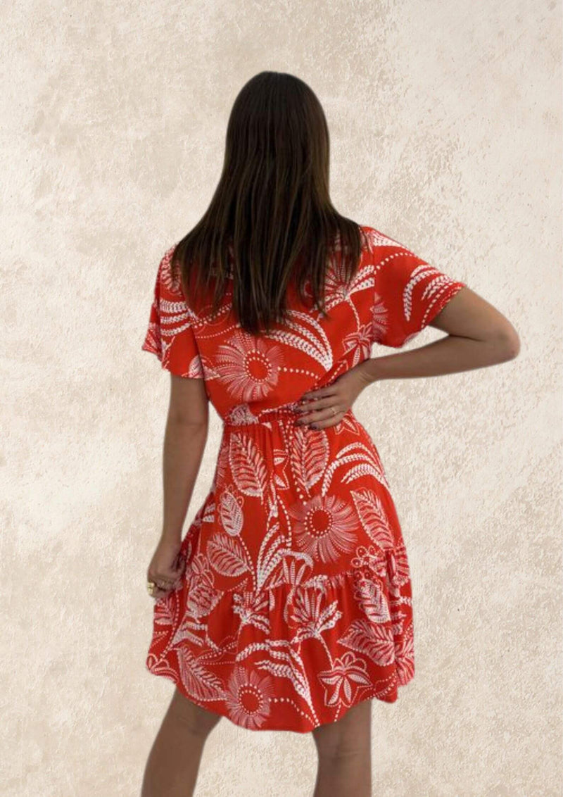 Gabrielle Flutter Sleeve Short Dress in Red Print