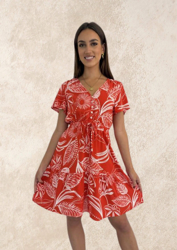 Gabrielle Flutter Sleeve Short Dress in Red Print