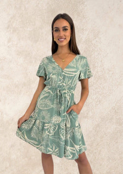 Gabrielle Flutter Sleeve Short Dress in Sage Green Print