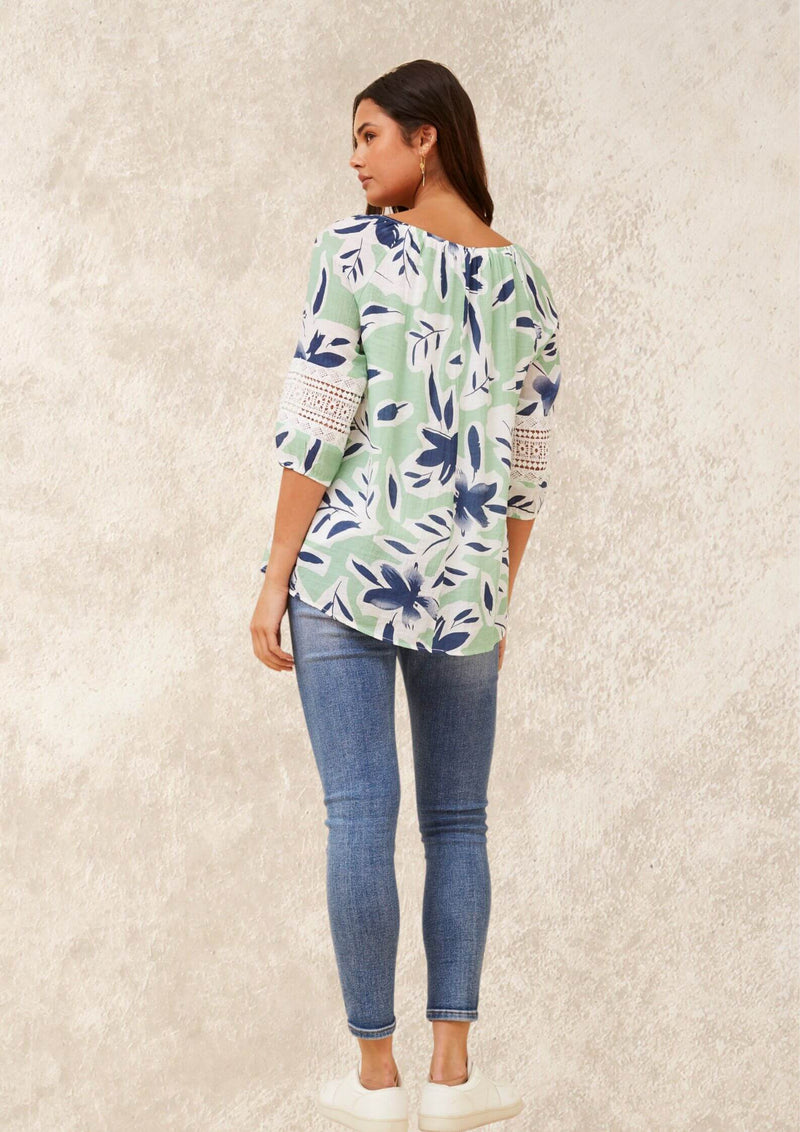 Gracie Half Sleeve Top Blouse in Mint Navy Print