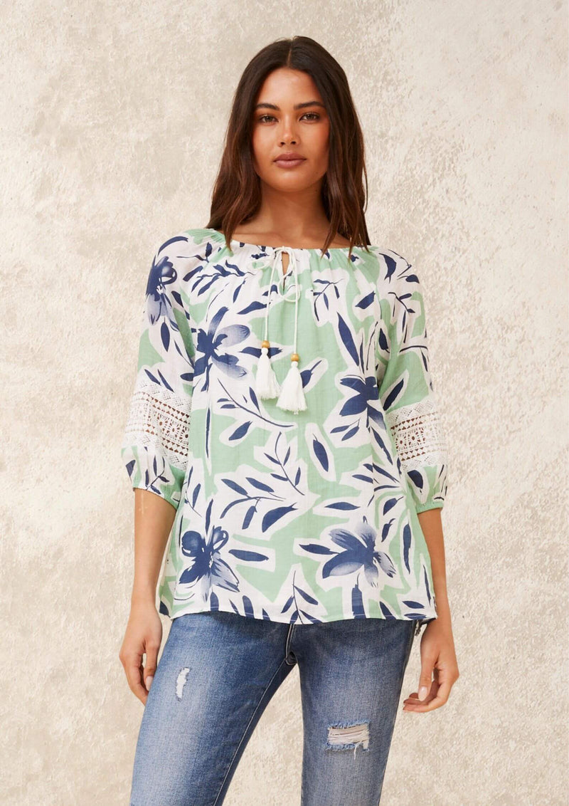 Gracie Half Sleeve Top Blouse in Mint Navy Print