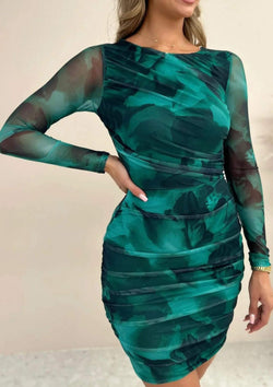 Greta Long Sleeve Mesh Dress in Emerald