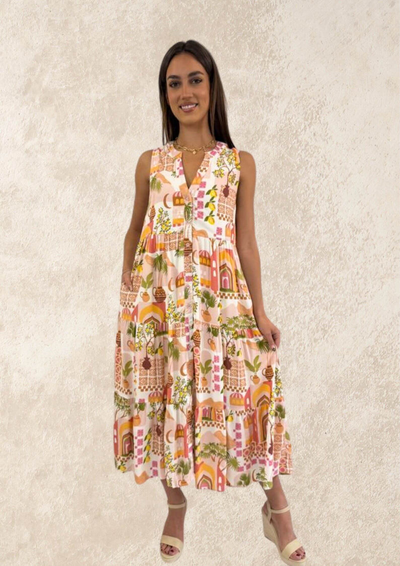 Hacienda Sleeveless Midi Dress in Peach