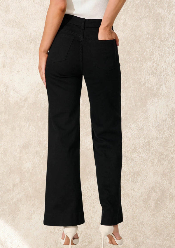 High Waist Black Wide Leg Stretch Jeans with Front Pockets by Wakee