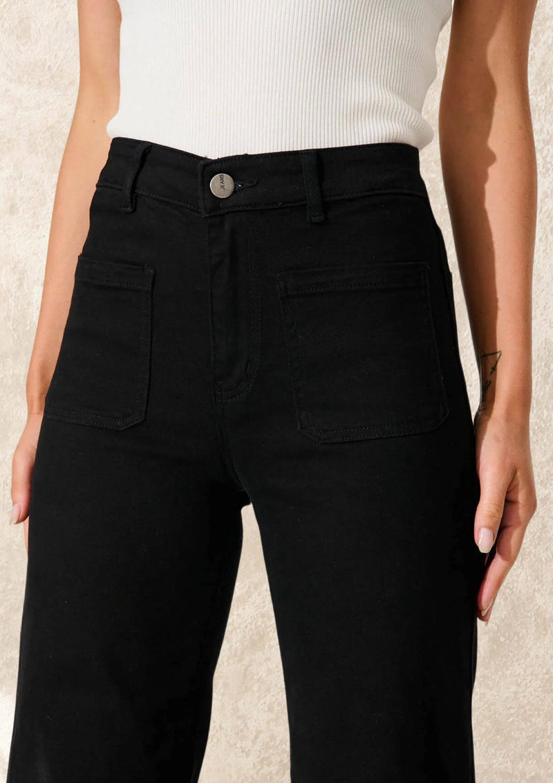 High Waist Black Wide Leg Stretch Jeans with Front Pockets by Wakee