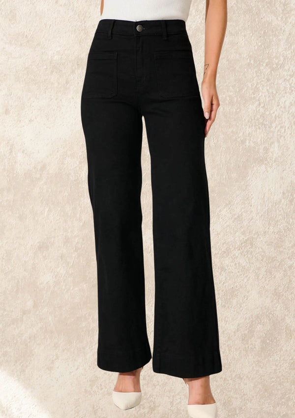 High Waist Black Wide Leg Stretch Jeans with Front Pockets by Wakee